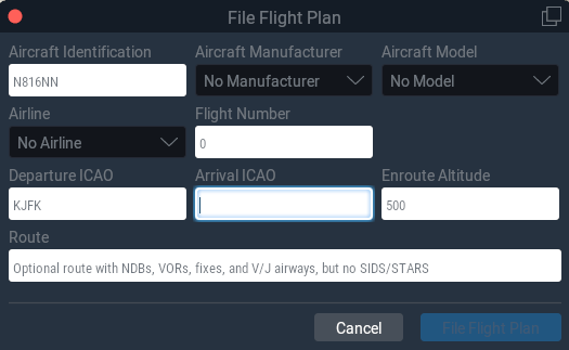 X-Plane 11 ATC flight plan window showing departure, arrival, and route input fields