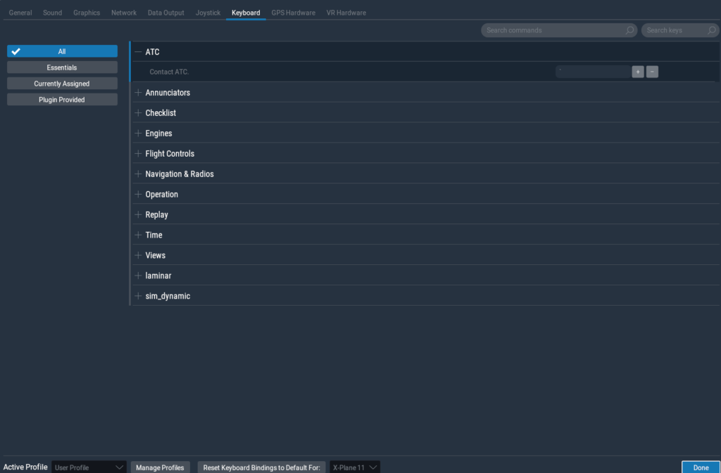X-Plane 11 keyboard settings showing ATC controls and key assignment menu