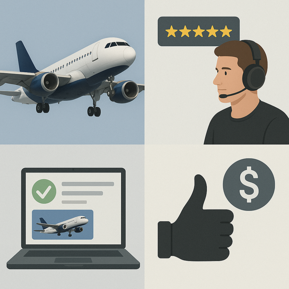 Collage showing aircraft in flight, an influencer giving a 5-star review, a laptop with flight sim content, and a thumbs-up with dollar symbol.