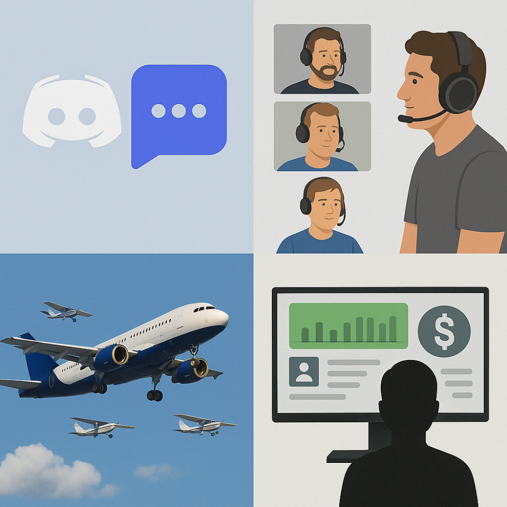 Collage showing Discord chat icons, online pilot meeting, group aircraft flying together, and a user viewing community analytics on screen.