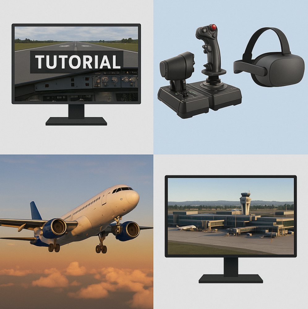 Digital collage showing flight sim tutorials, HOTAS gear with VR headset, a sunset aircraft takeoff, and an airport add-on scene.