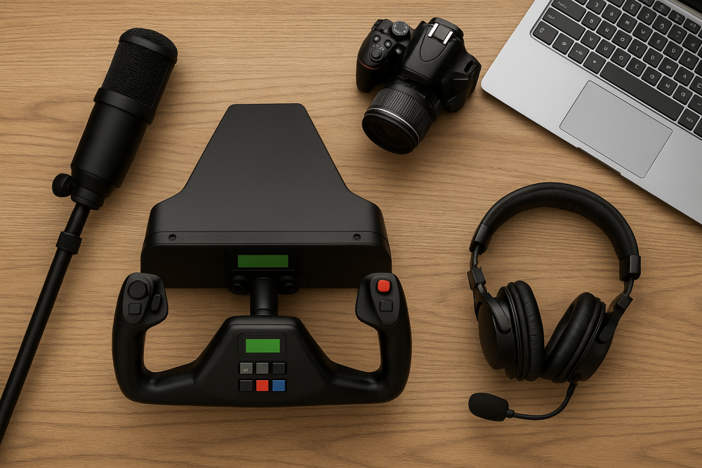 Flight simulation blogging and vlogging gear setup including microphone, DSLR camera, yoke, headset, and laptop on a wooden desk.