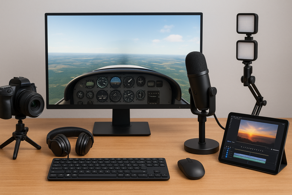 Flight simulation content creation setup with a widescreen monitor showing a cockpit view, DSLR camera, microphone, editing tablet, lighting, and headphones arranged neatly on a wooden desk.