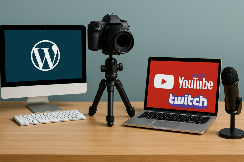 Minimalist workstation setup for blogging and vlogging featuring WordPress on a desktop, YouTube and Twitch on a laptop, a DSLR camera, and a microphone on a wooden desk.
