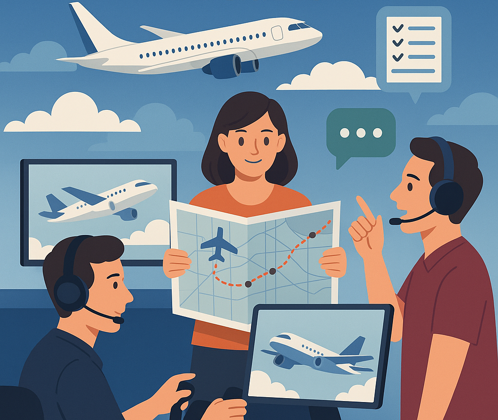 2D digital illustration of virtual pilots in formation flying within a multiplayer flight simulation session, showcasing teamwork and communication.