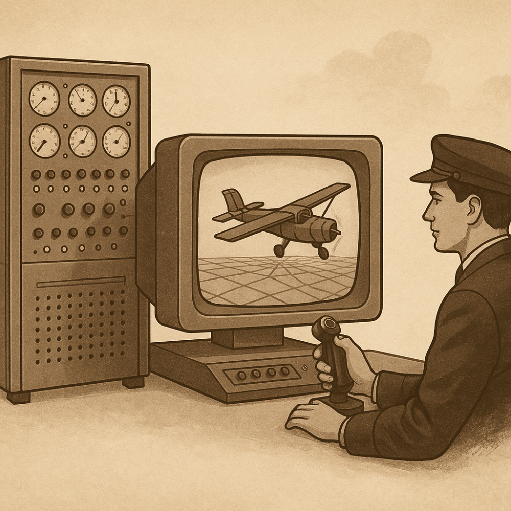 A sepia illustration showing a 1950s–1970s flight simulator setup with an analog control system, a pilot using a joystick, and a 3D airplane model displayed on a vintage CRT monitor.