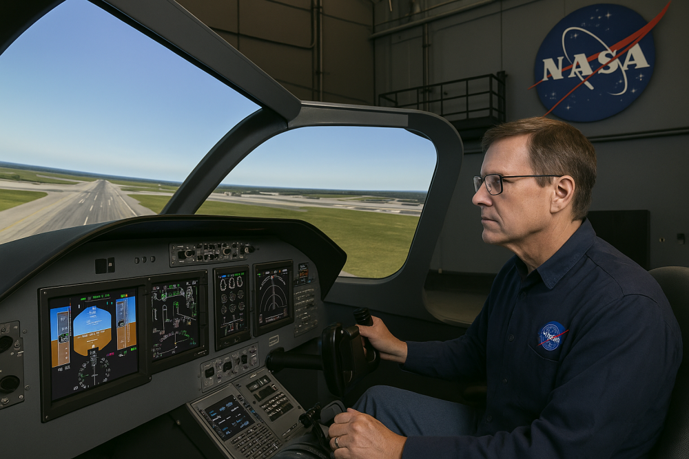 NASA pilot operating a high-fidelity flight simulator with a realistic cockpit interface and virtual runway, inside a simulation facility featuring NASA branding and advanced avionics displays.