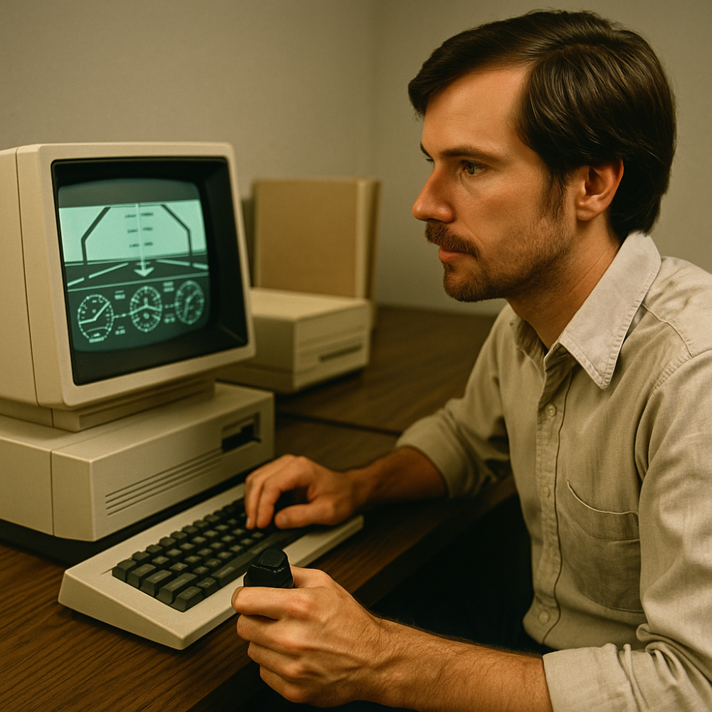 A man in the 1980s intently working on a vintage computer running an early flight simulator, holding a joystick while focused on a green monochrome cockpit display.