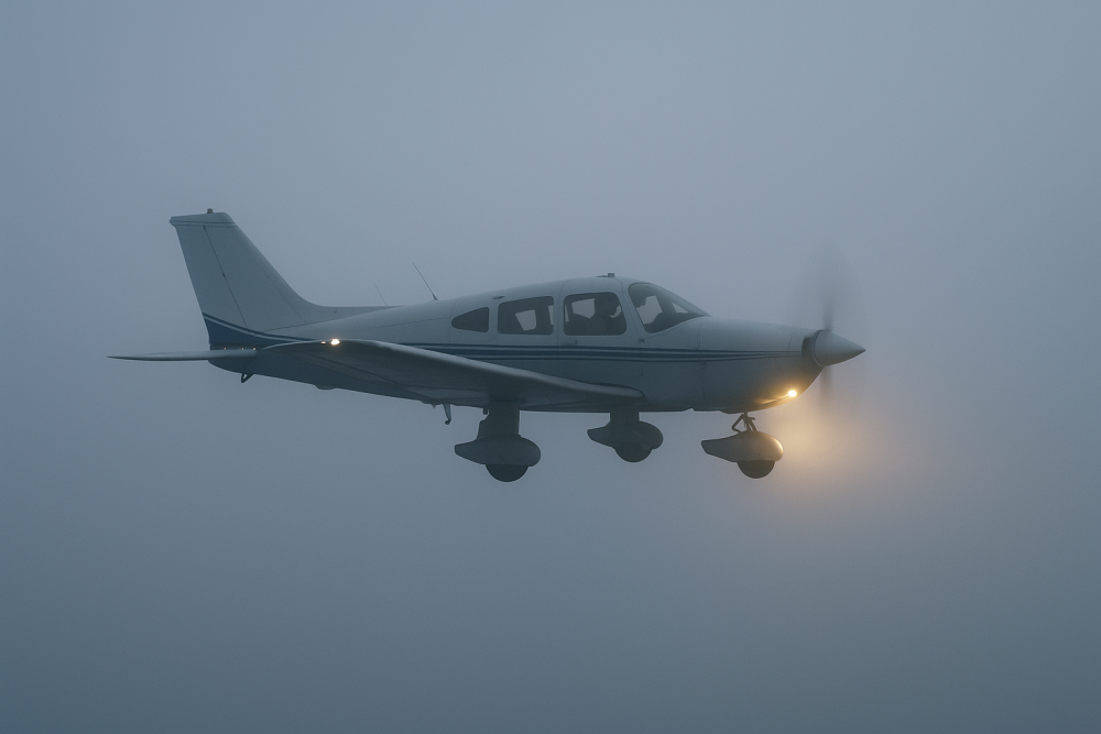 A single-engine aircraft flying through dense fog with landing lights on, cockpit partially visible, simulating IFR training in low visibility conditions.