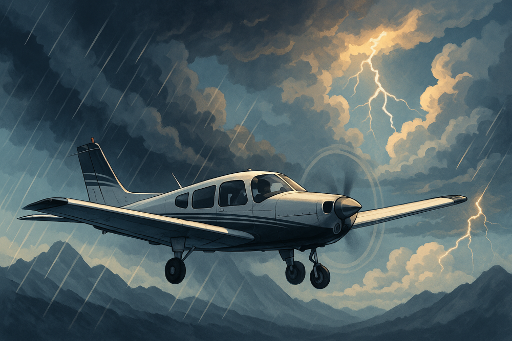 A small low-wing aircraft flying through a turbulent storm with dark clouds, rain, and lightning, surrounded by mountainous terrain, simulating challenging weather conditions in flight.