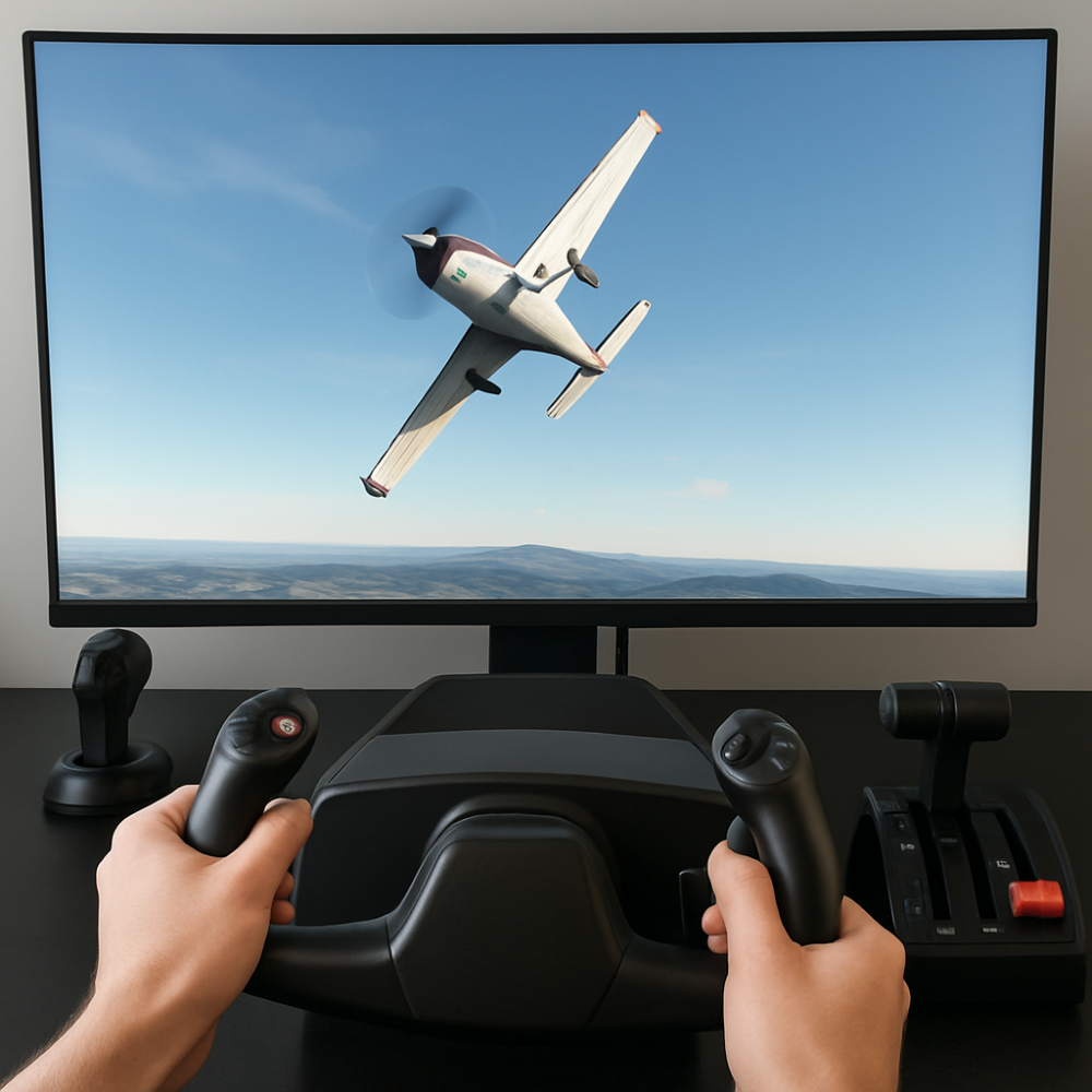 A square image showing a flight simulator setup with a monitor displaying an aerobatic aircraft mid-barrel roll, and hands controlling the yoke and throttle in the foreground.