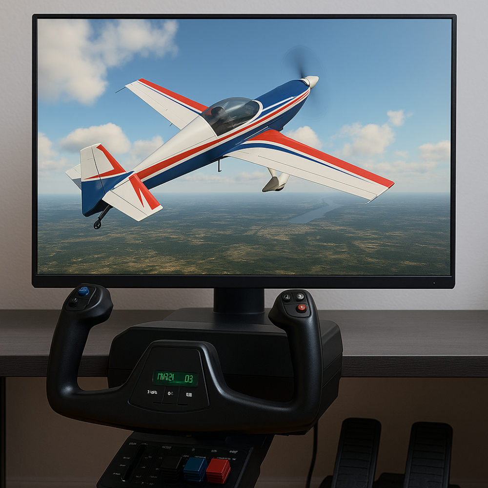 A square image showing a flight simulator setup with an aerobatic aircraft mid-maneuver on a monitor, and a yoke and throttle controller visible in the foreground.