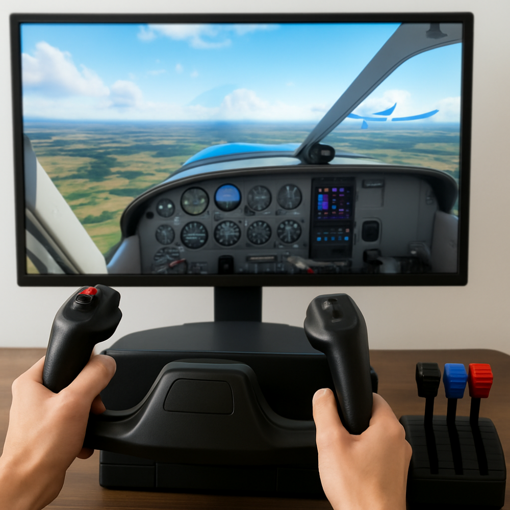 A square image showing a flight simulator with a cockpit view on the screen, hands gripping a yoke controller, and a throttle quadrant in the foreground.