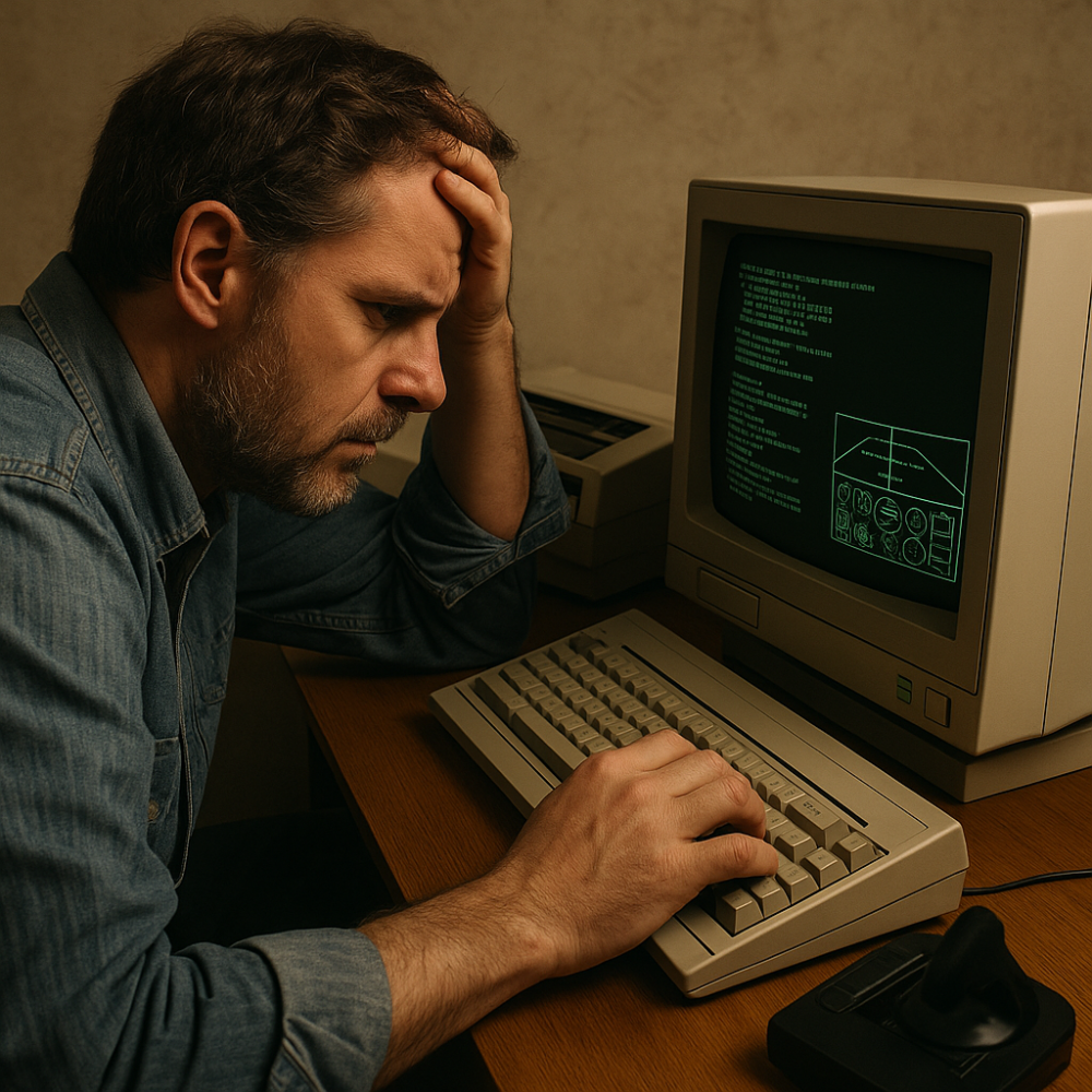 A stressed developer from the 1980s sitting at a desk, coding a flight simulator on a vintage CRT computer, showing wireframe cockpit graphics and green text.