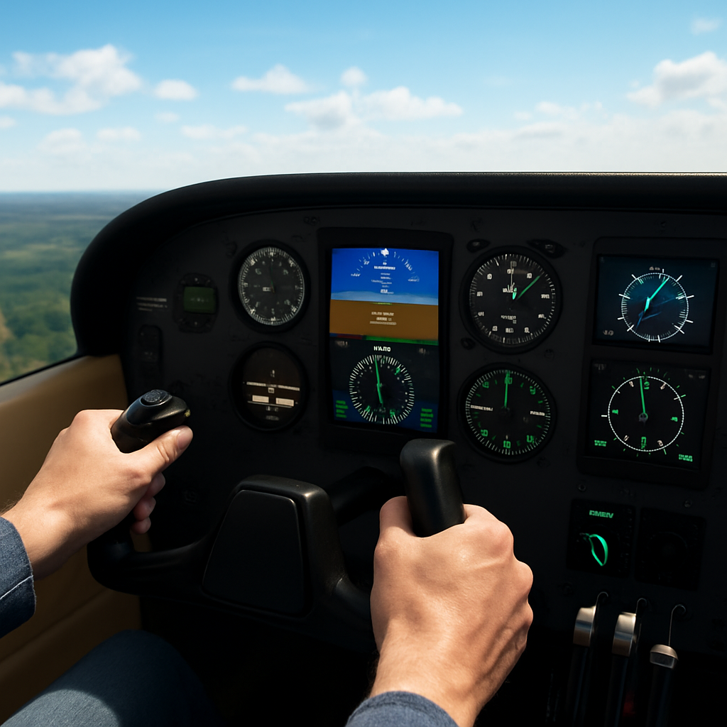 A square image of a flight simulator cockpit with a pilot's hands on the yoke, showing detailed flight instruments for altitude and airspeed, with a clear sky and landscape through the window.
