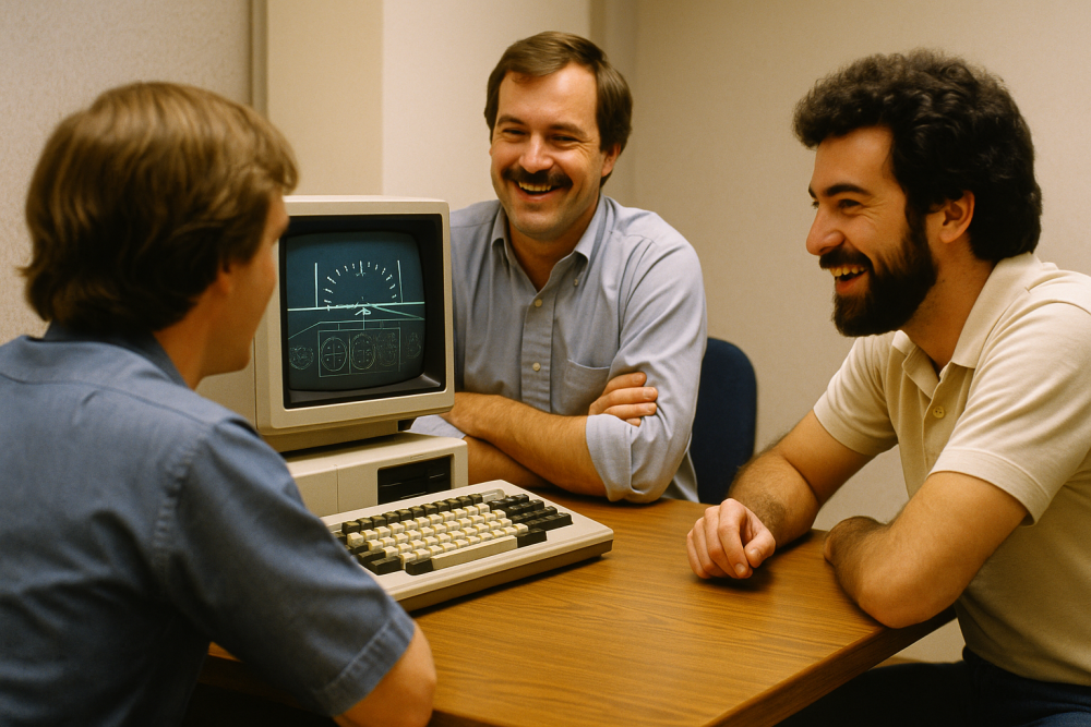 Three developers from the 1980s smiling and collaborating around a vintage computer showing early flight simulator graphics, capturing team dynamics and breakthrough moments.