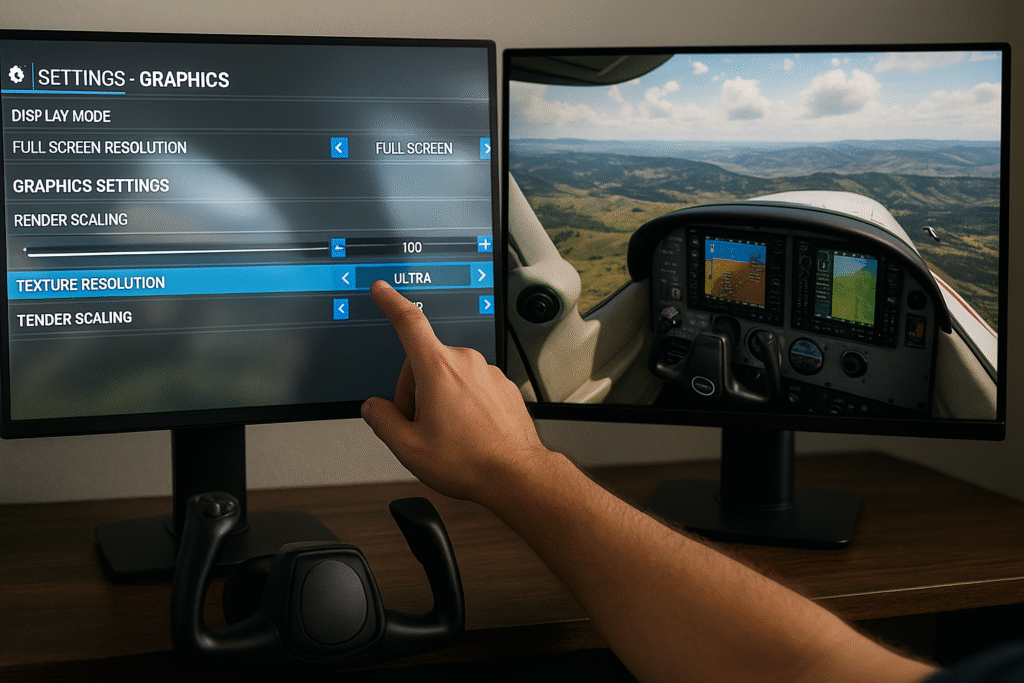 A pilot adjusts texture resolution settings on a monitor while flying a small aircraft in a detailed dual-screen flight simulator setup.
