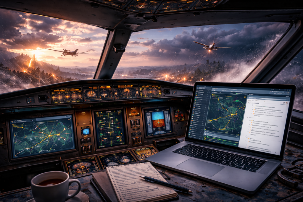 Flight simulator cockpit with mission editor tools and scripting interface, showing custom objectives, dynamic weather, and a detailed waypoint route across varied terrain.