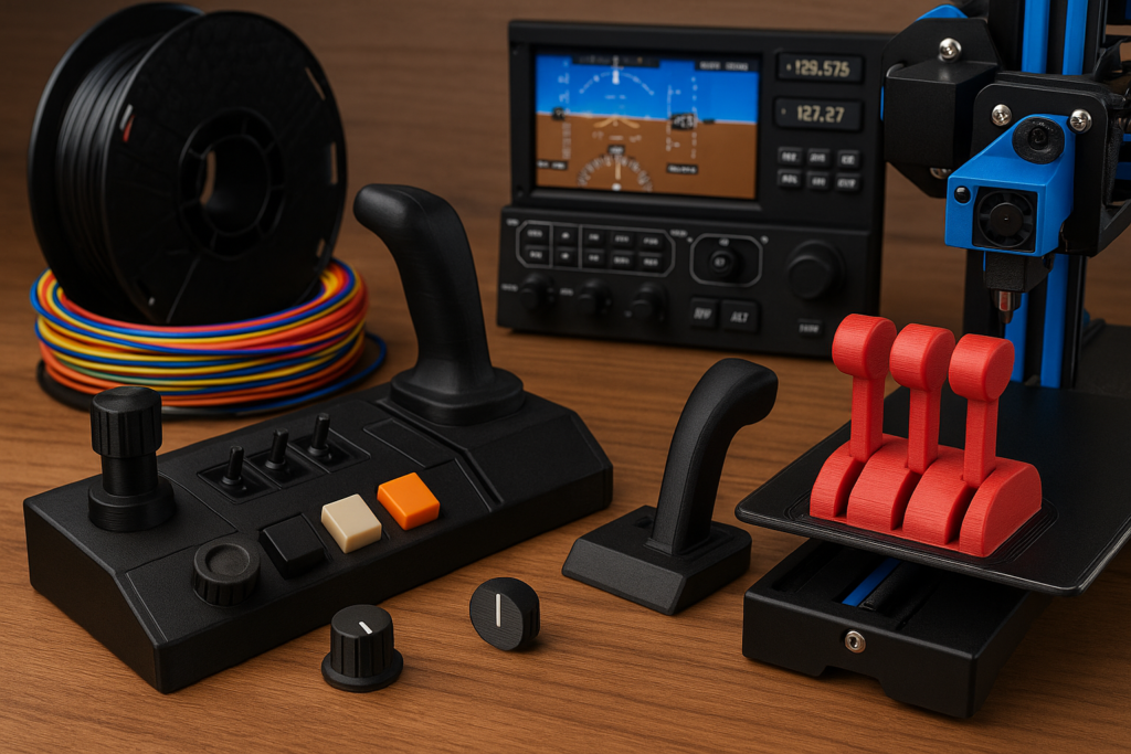 A high-quality image showing 3D-printed flight simulator components, including throttle levers, control knobs, joystick bases, and a 3D printer actively printing parts, arranged on a wooden desk with avionics displays in the background.