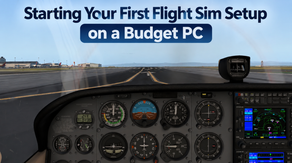 Cessna 172 cockpit view lined up on a runway in X-Plane 11 with the text “Starting Your First Flight Sim Setup on a Budget PC.