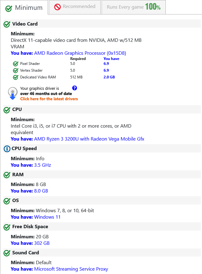 X-Plane 11 minimum system requirements check on an older HP laptop with Ryzen 3 and 8 GB RAM.