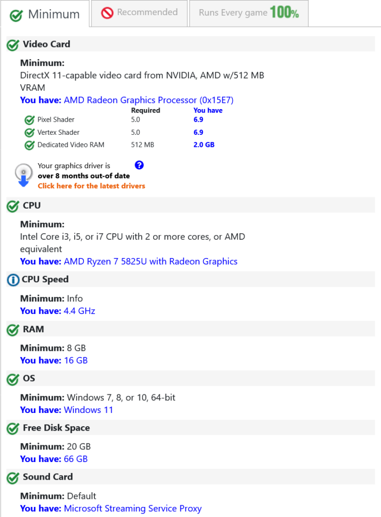 X-Plane 11 minimum system requirements check on a Ryzen 7 5825U laptop with 16 GB RAM and integrated Radeon graphics