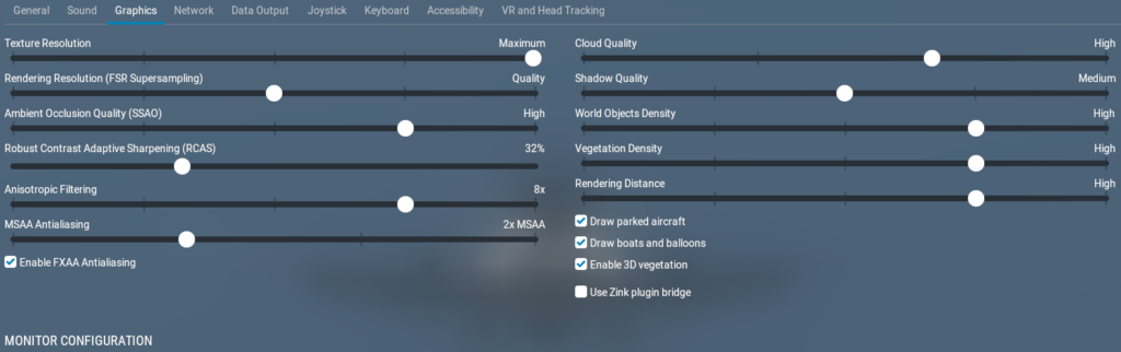 X-Plane 12 graphics settings used with a Cessna 172 at Portland Airport on an RTX 5060 laptop, with Maximum Texture Resolution and High cloud quality, world objects, vegetation density, and rendering distance.