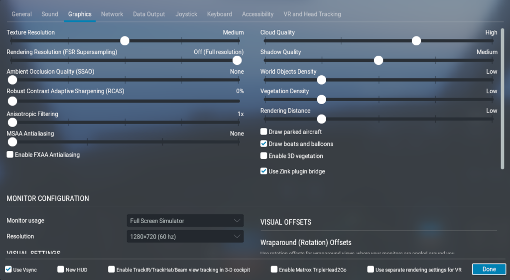 X-Plane 12 Demo Safe Mode graphics settings on a Ryzen 7 laptop with integrated Radeon graphics