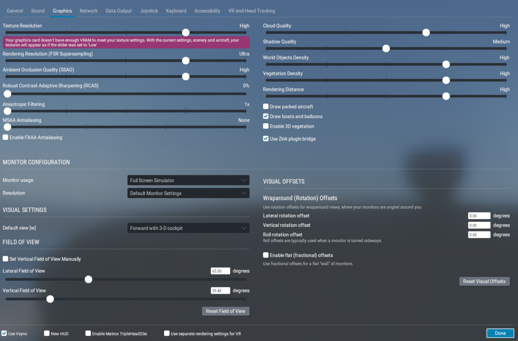 X-Plane 12 graphics settings on a Ryzen 7 laptop with a VRAM warning during a Portland performance test.
