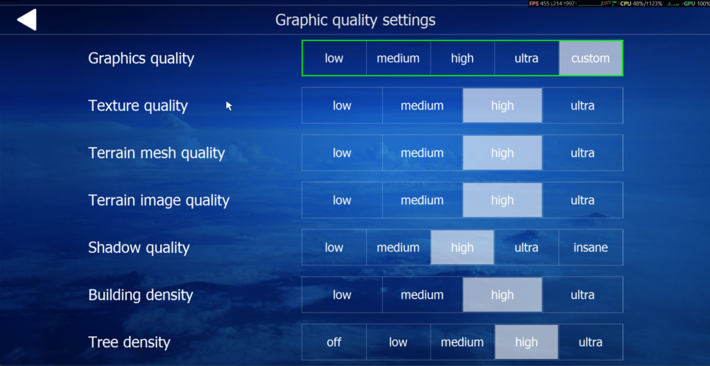 Aerofly FS 4 graphic quality settings screen showing high settings used for the Paris integrated graphics test.