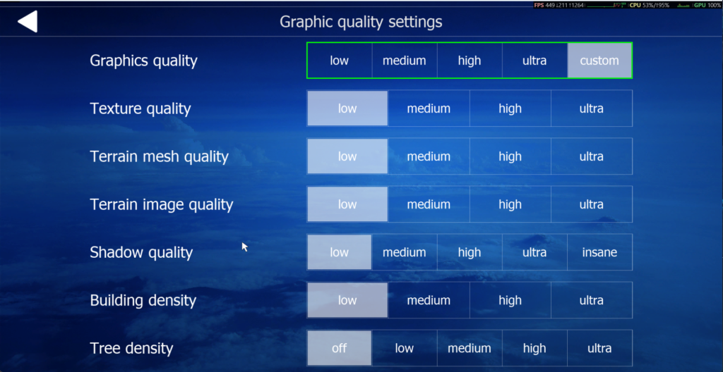 Aerofly FS 4 graphic quality settings screen showing low settings used for the Paris integrated graphics test.