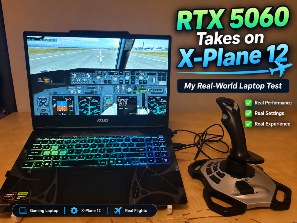 MSI RTX 5060 gaming laptop running X-Plane 12 with a flight joystick beside it, featuring the text RTX 5060 Takes on X-Plane 12.