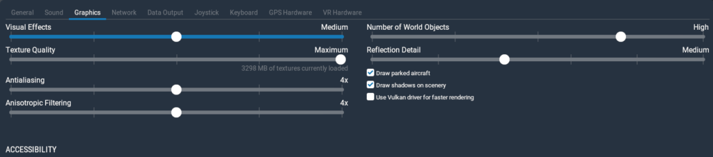 X-Plane 11 graphics settings used at San Francisco International Airport on an RTX 5060 laptop, with Maximum Texture Quality, High World Objects, and 4x anti-aliasing.
