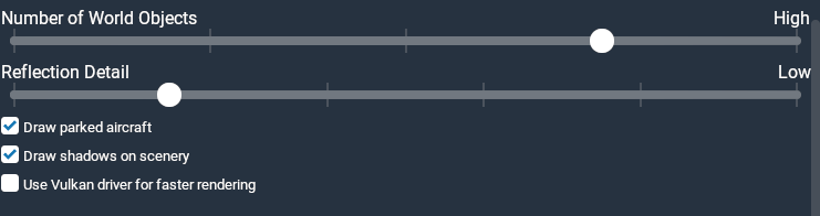 X-Plane 11 graphics settings used during the Cessna 172 benchmark at JFK, with Number of World Objects set to High and Reflection Detail set to Low.