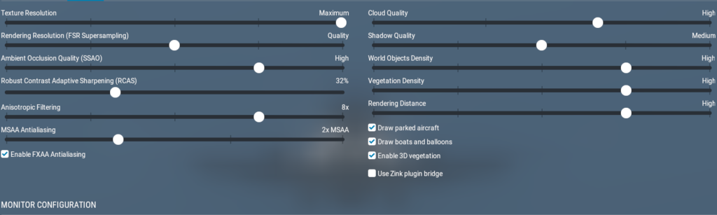 X-Plane 12 graphics settings used with an Airbus A330 at Portland Airport on an RTX 5060 laptop, with Maximum Texture Resolution and High cloud quality, world objects, vegetation density, and rendering distance.