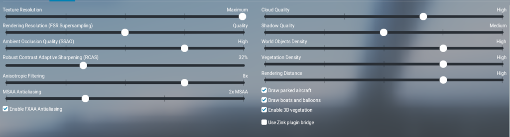 X-Plane 12 graphics settings at Portland Airport with High cloud quality, world objects density, vegetation density, and rendering distance on an RTX 5060 laptop.