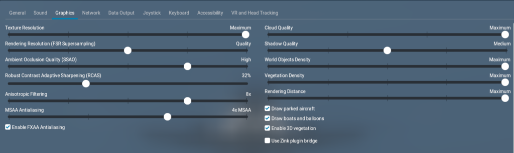 X-Plane 12 graphics settings at Portland Airport with texture resolution, cloud quality, world objects density, vegetation density, and rendering distance set to maximum or ultra-level values on an RTX 5060 laptop.