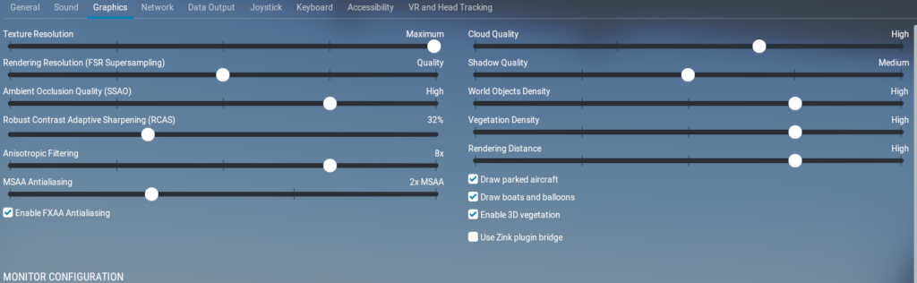 X-Plane 12 graphics settings used at San Francisco International Airport on an RTX 5060 laptop, with Maximum Texture Resolution, High World Objects, 2x MSAA, and FXAA enabled.